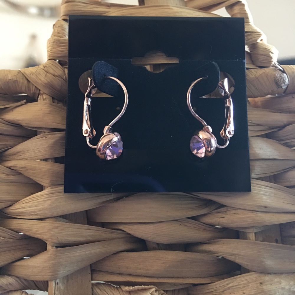 Rose gold tone pink rhinestone lever back earrings